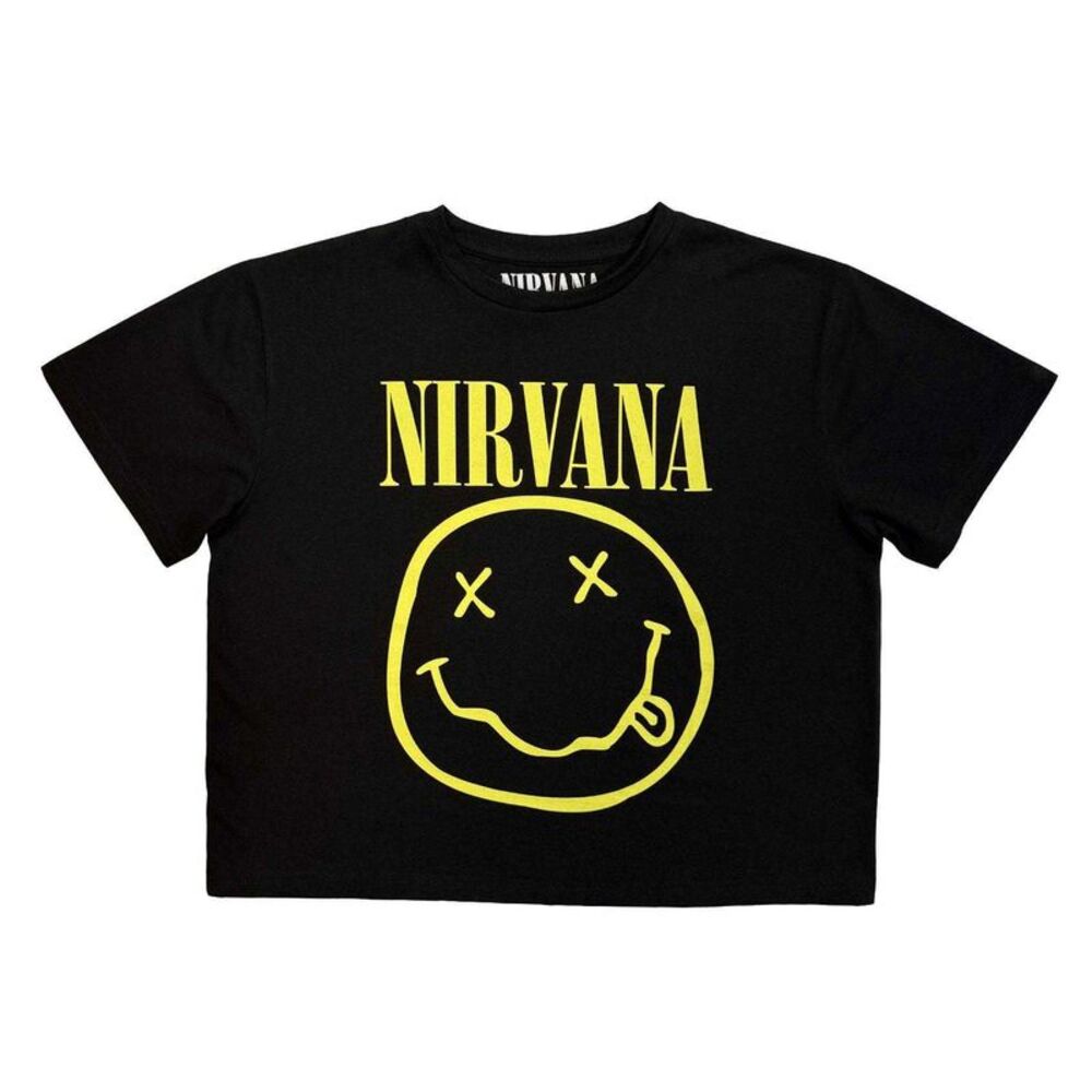 Nirvana Womens/Ladies Happy Face Fitted Crop T-Shirt / Black/Yellow